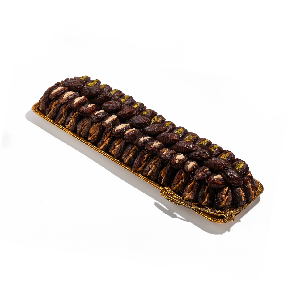 Gold-Plated Rectangular Large Tray – Premium Stuffed Medjool Dates (83 pcs)