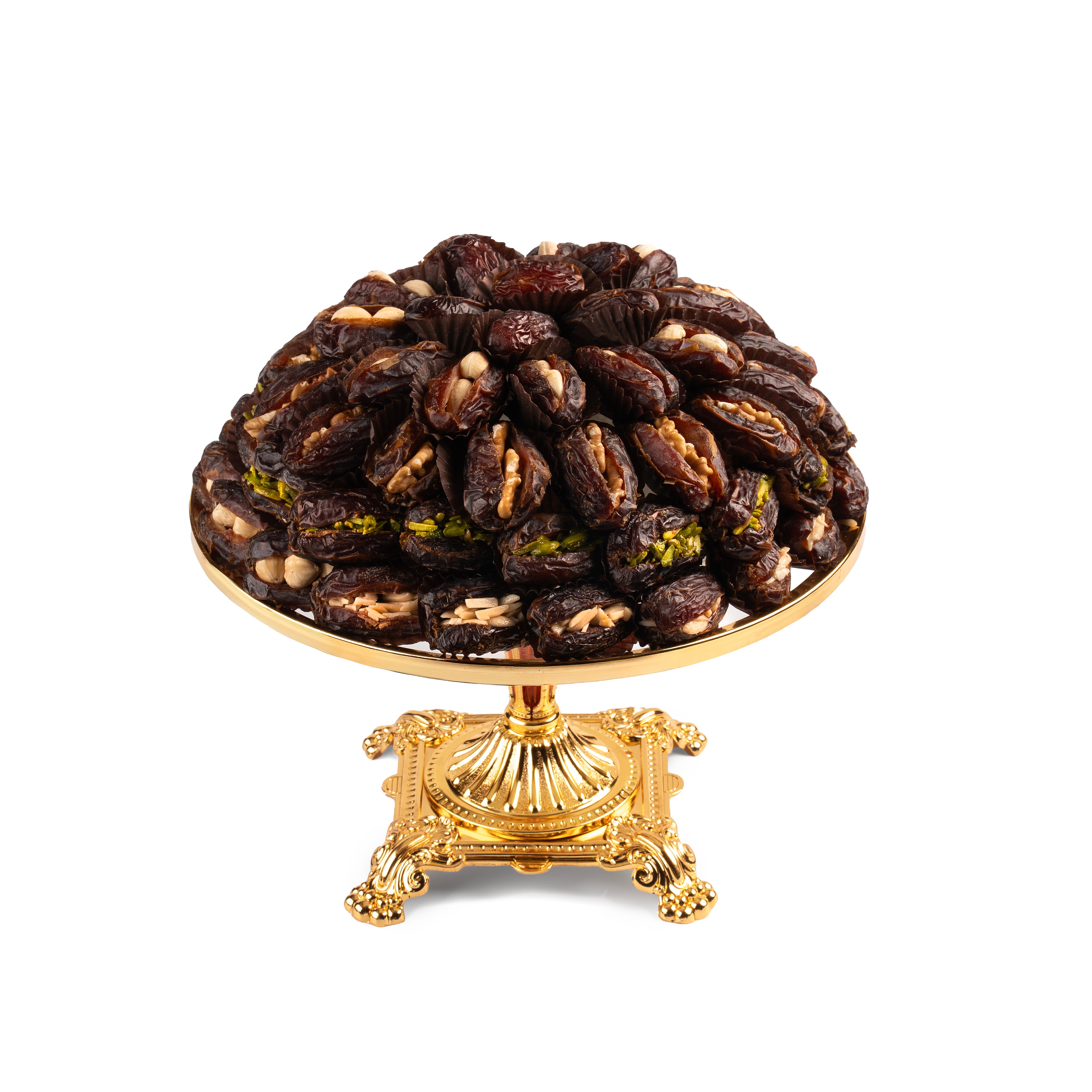 Gold-Plated Round Tray with Stand – Premium Stuffed Medjool Dates (66 pcs)